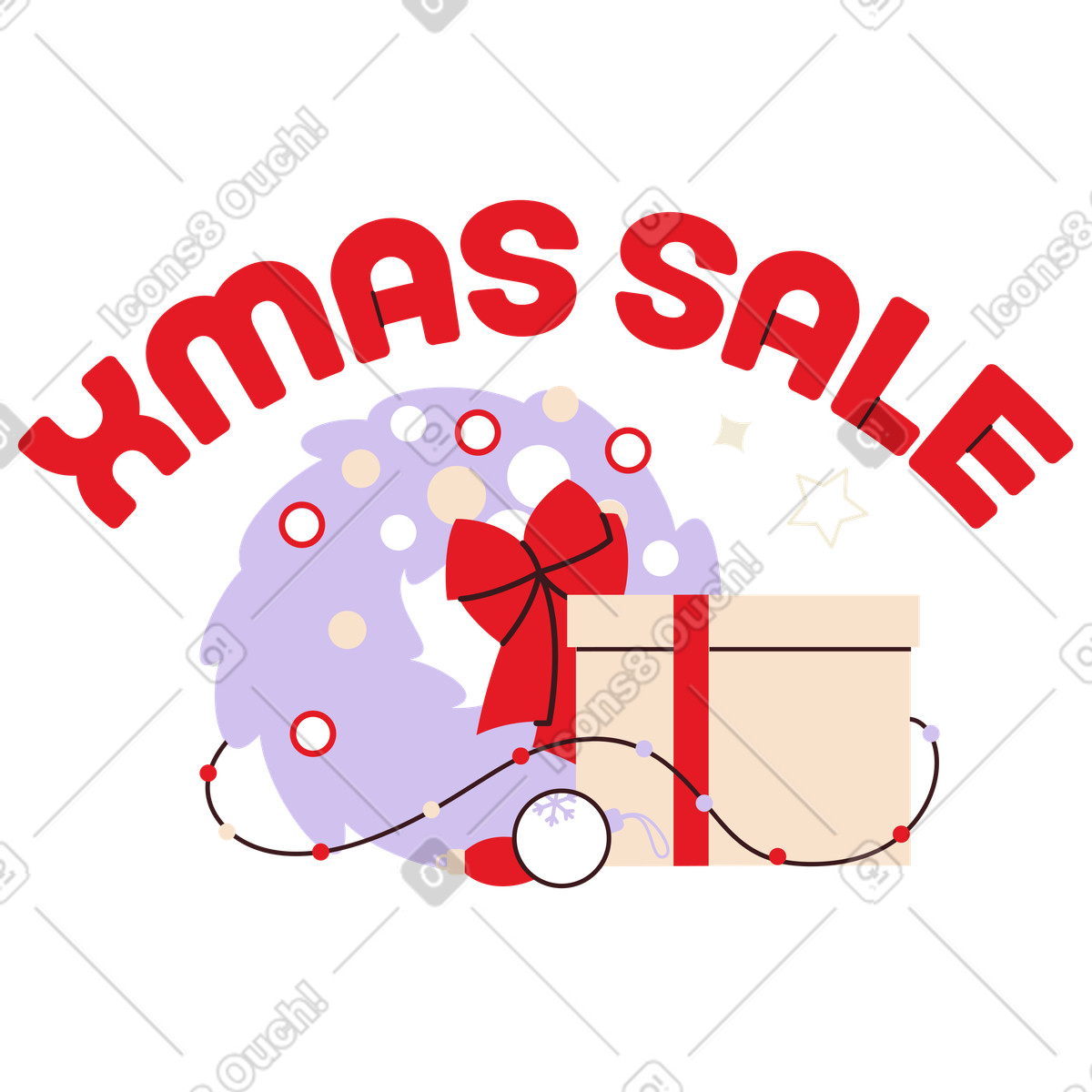 Christmas wreath and present with Xmas sale banner, Seasonal discount marketing illustration in Folks style download in PNG, SVG
