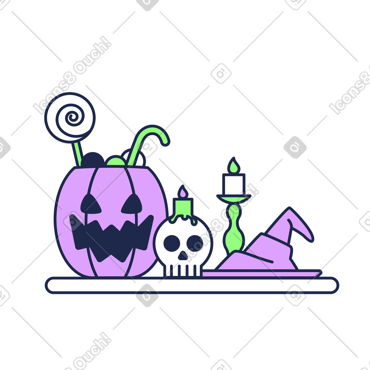 Ilustración Truco o trato cabeza de calabaza con calavera y sombrero bruja en estilo Outline a descargar en PNG SVG