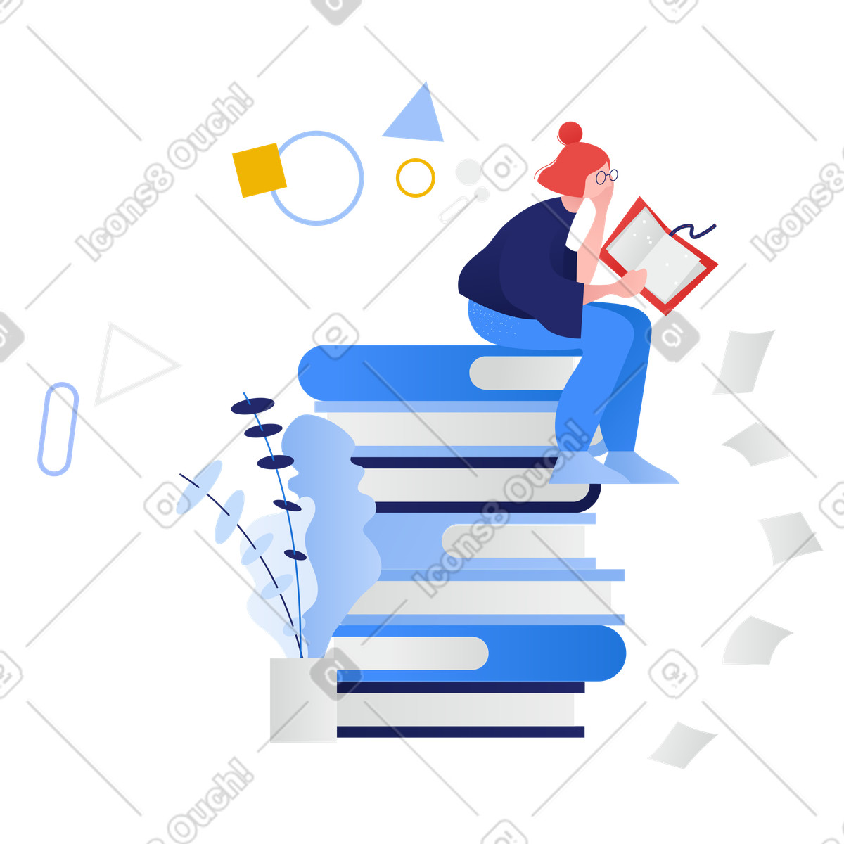Sitzende frau vertieft in ein buch-Illustration im Clip-Stil als Download PNG, SVG
