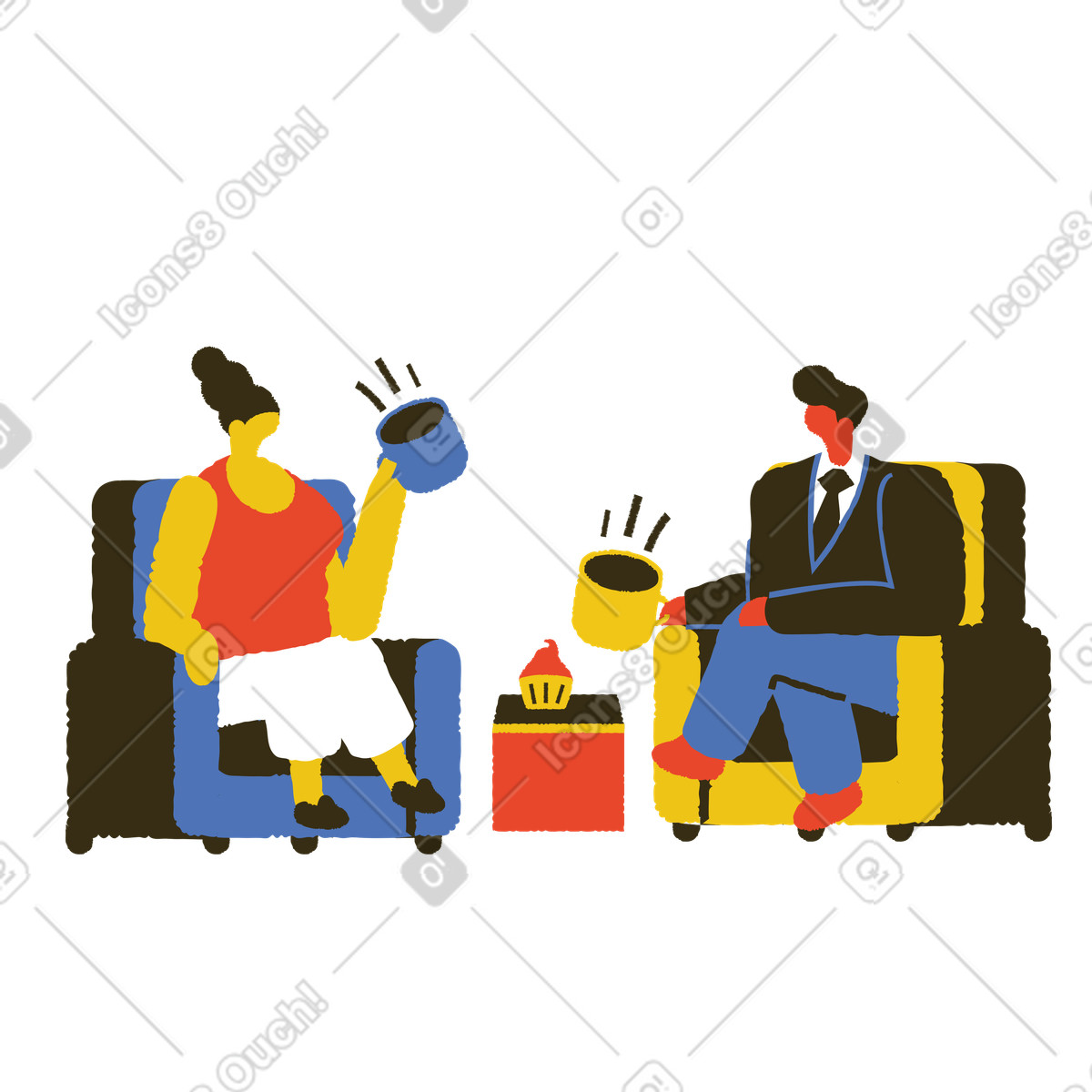 Un uomo e una donna conversano davanti a tazza di caffè illustrazione in stile Bermuda scarica in PNG, SVG