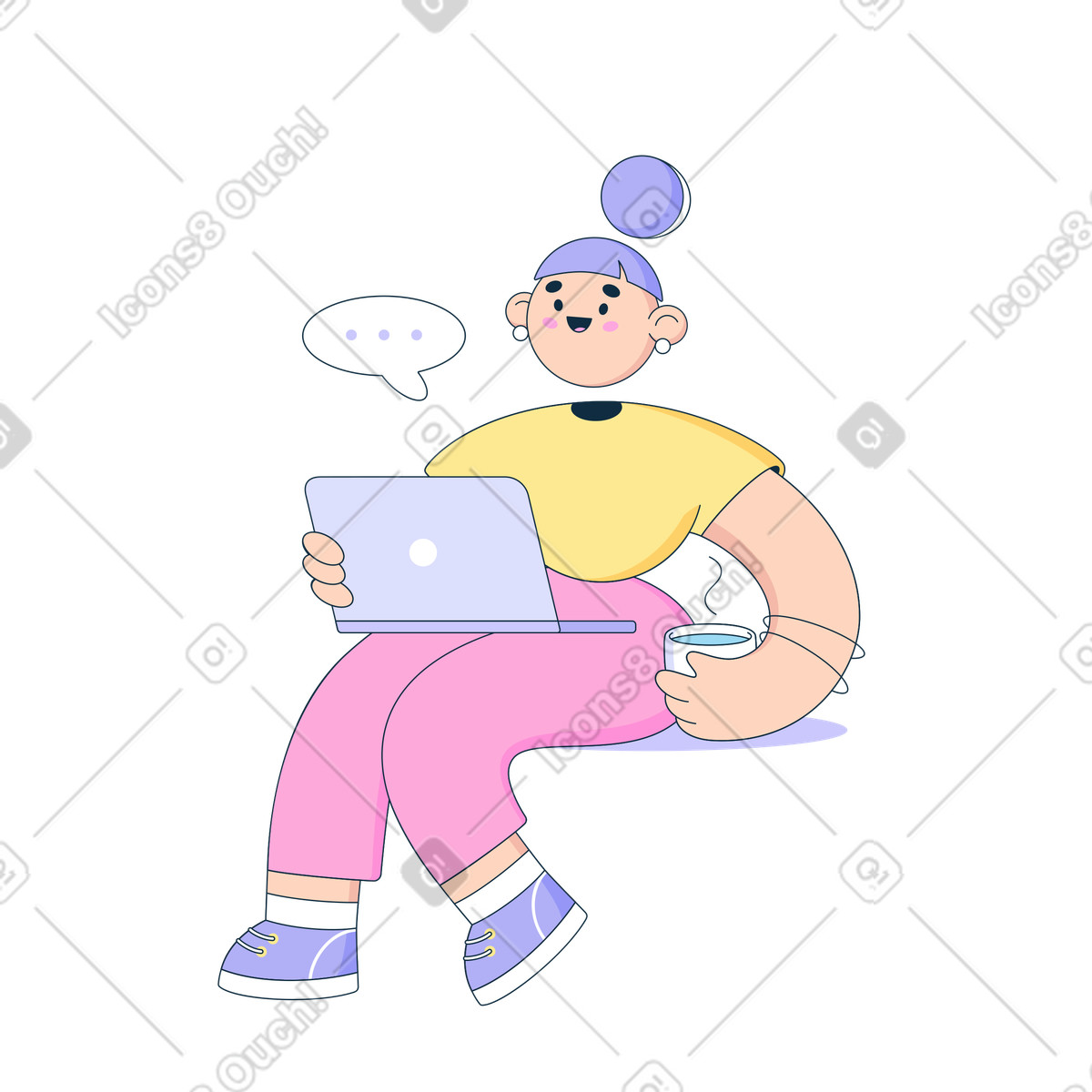 Ilustração animada de Mulher trabalhando remotamente no laptop em GIF, Lottie (JSON), AE