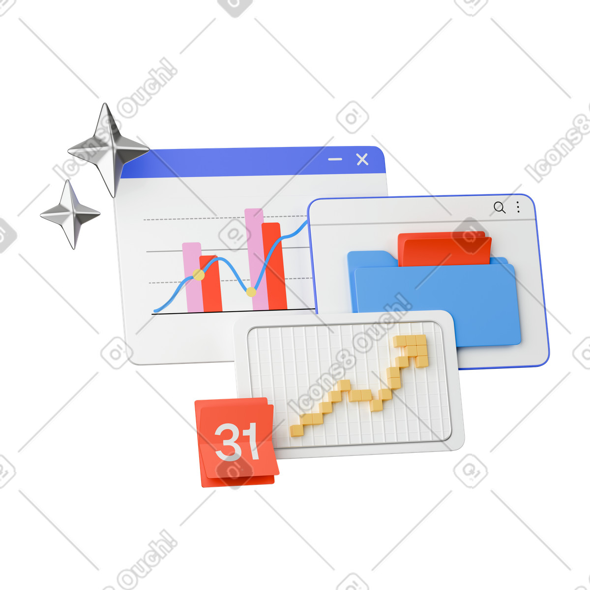 Ilustración Data chart window and folder manager interface for business analytics en estilo 3D Stickle a descargar en PNG y SVG