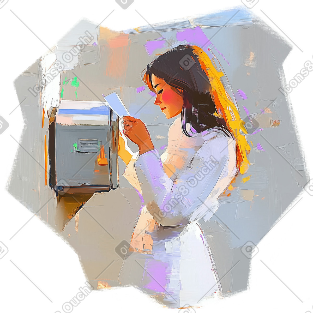 Oil painting of woman putting letter in mailbox illustration Pictorial style download PNG, SVG