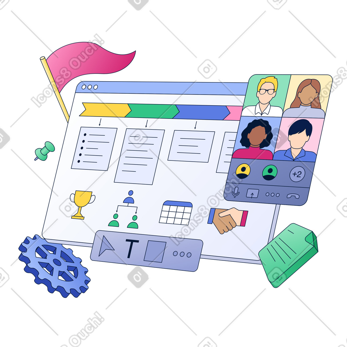 Team discussing the project, Project kickoff flow illustration in PNG, SVG