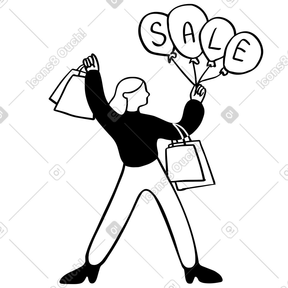 Woman with shopping bags and balloons sale text animated illustration in Journal style download in GIF, Lottie (JSON), AE