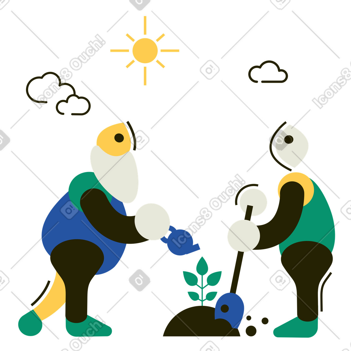 Persons planting and watering a plant illustration in Spot style download in PNG, SVG