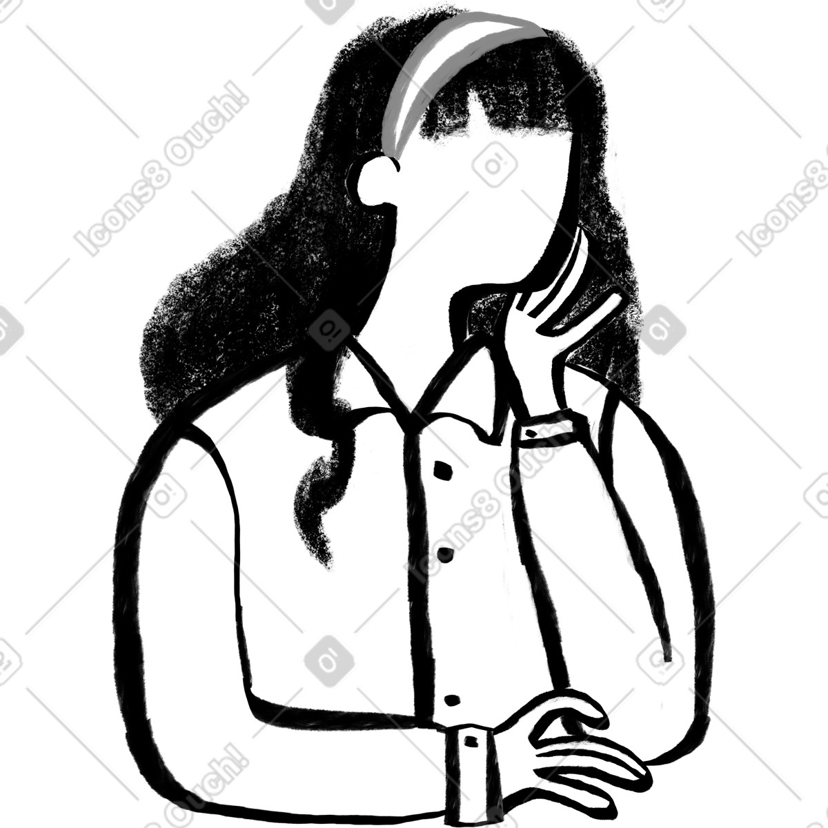 Illustration Femme noire et blanche aux longs cheveux bouclés assise avec son menton sur sa main dans le style Company à télécharger formats PNG, SVG