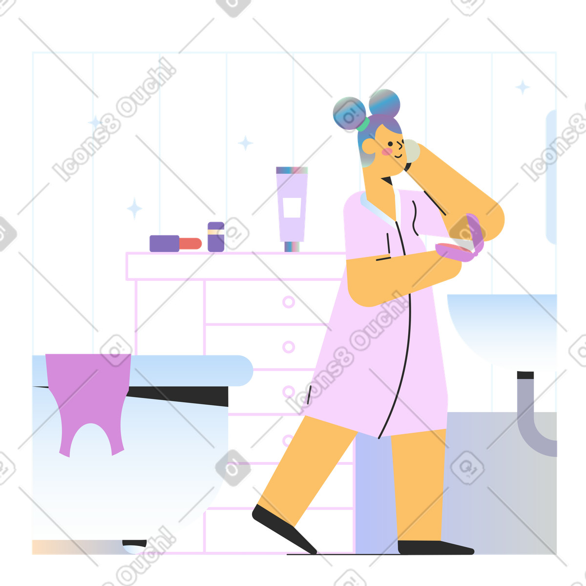 Girl doing makeup in bathroom illustration Marginalia style download PNG, SVG
