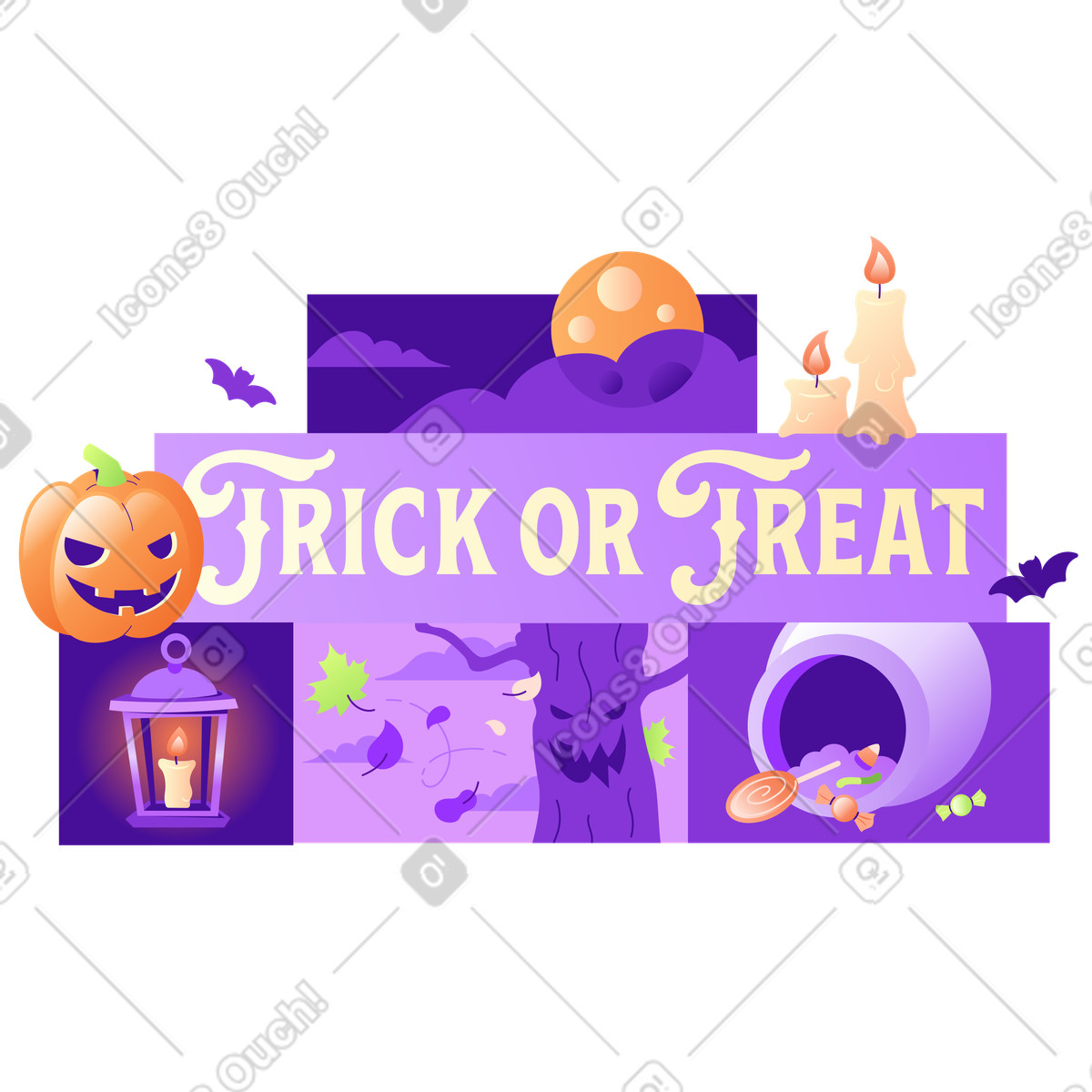 Schriftzug „trick or treat“ mit kürbis und kerzen-Illustration im Lettering-Stil als Download in PNG, SVG