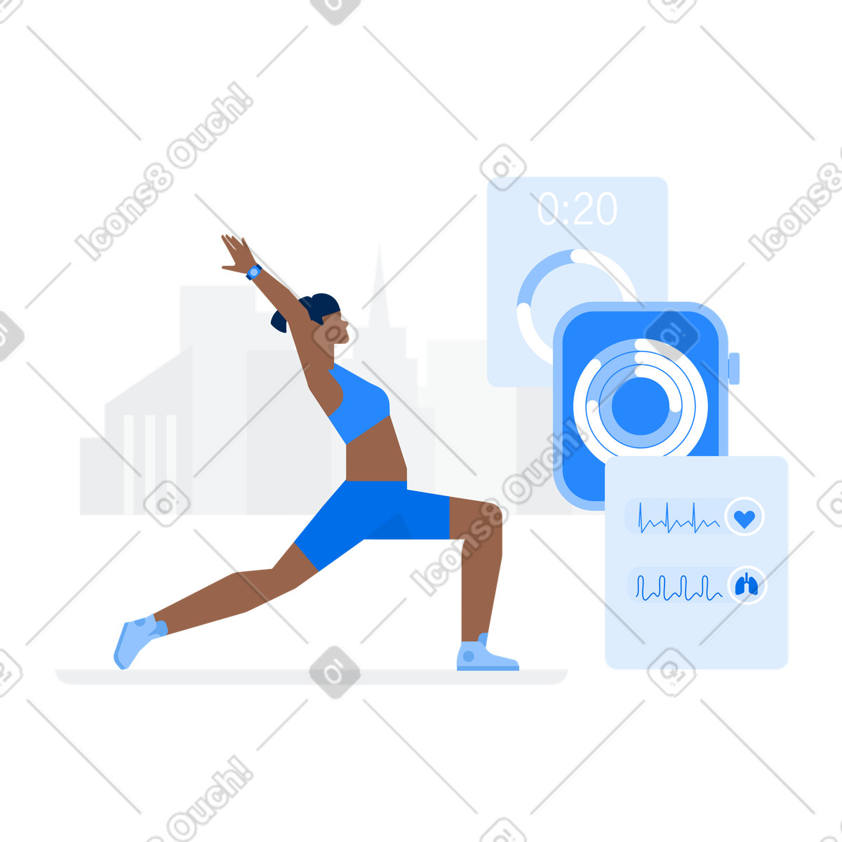 Illustration animée Yoga practice with smartwatch, fitness tracking and activity insights dans le style Urban à télécharger aux formats GIF, Lottie (JSON), AE