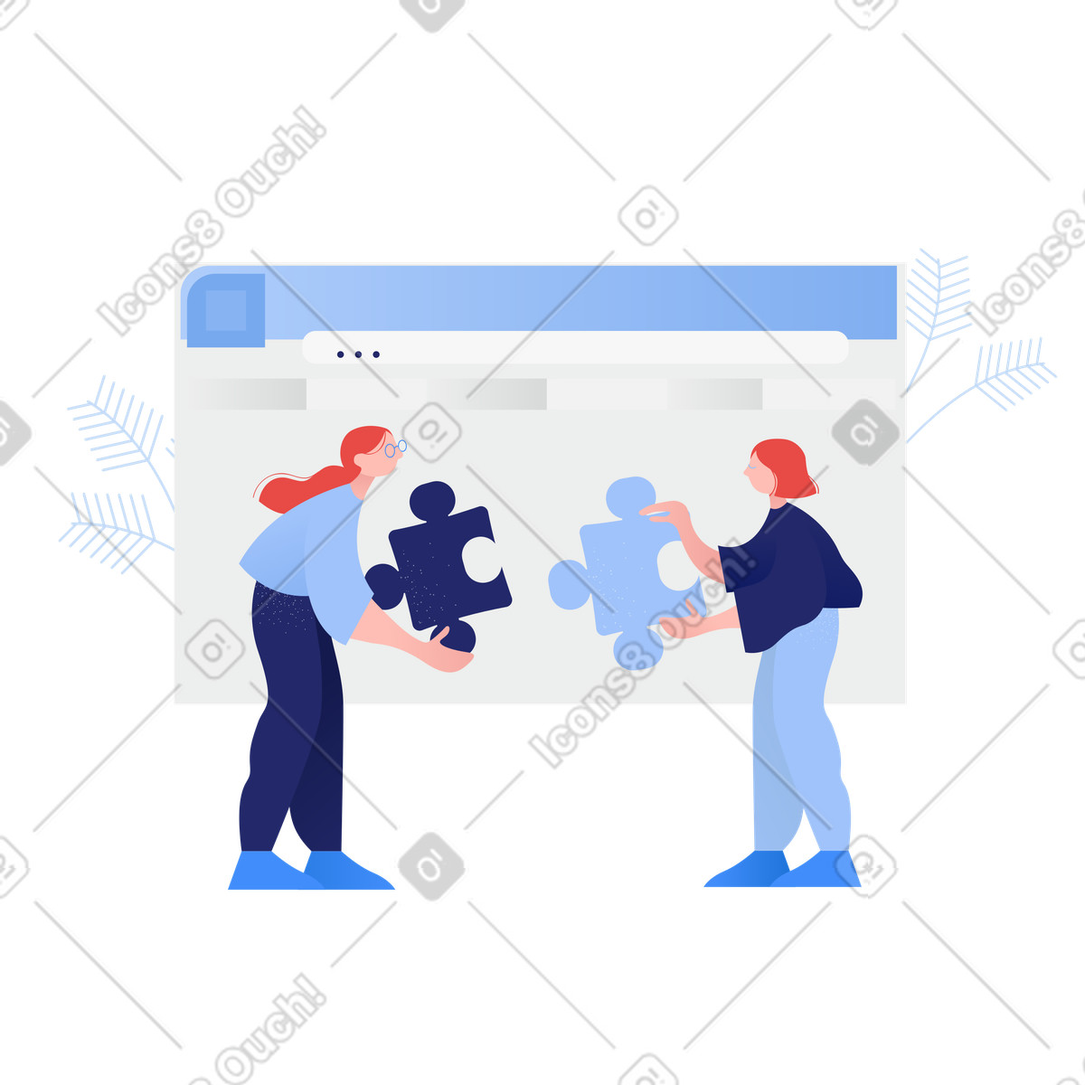 Colleagues connecting puzzle pieces, Teamwork and problem solving illustration in Clip style download in PNG, SVG