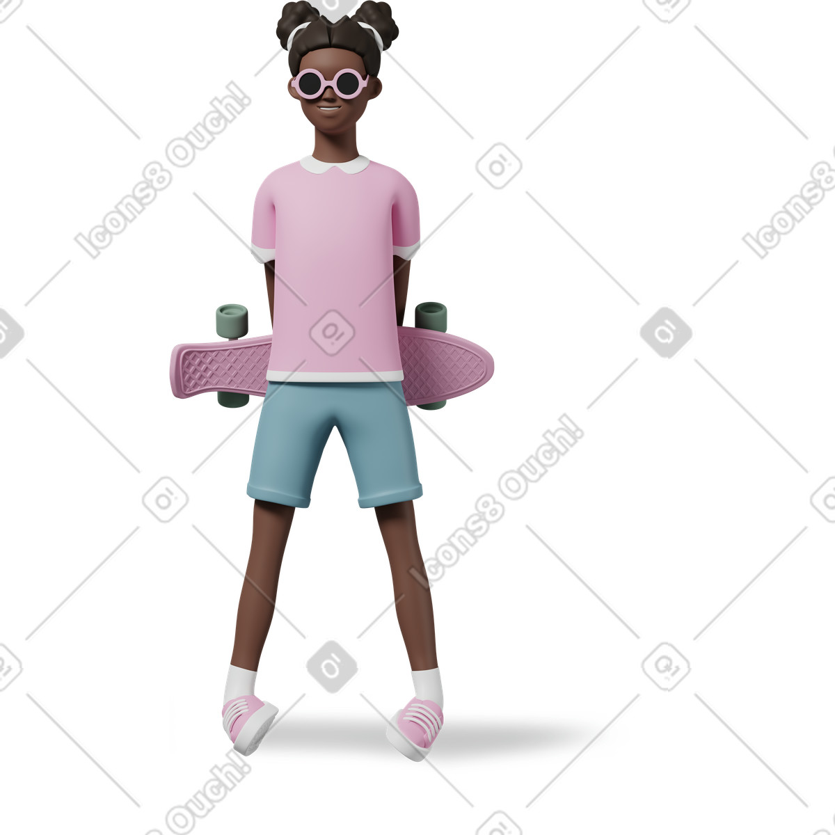Ilustración Chica con gafas de sol pie monopatín detrás la espalda en estilo 3D Casual life a descargar en PNG y SVG