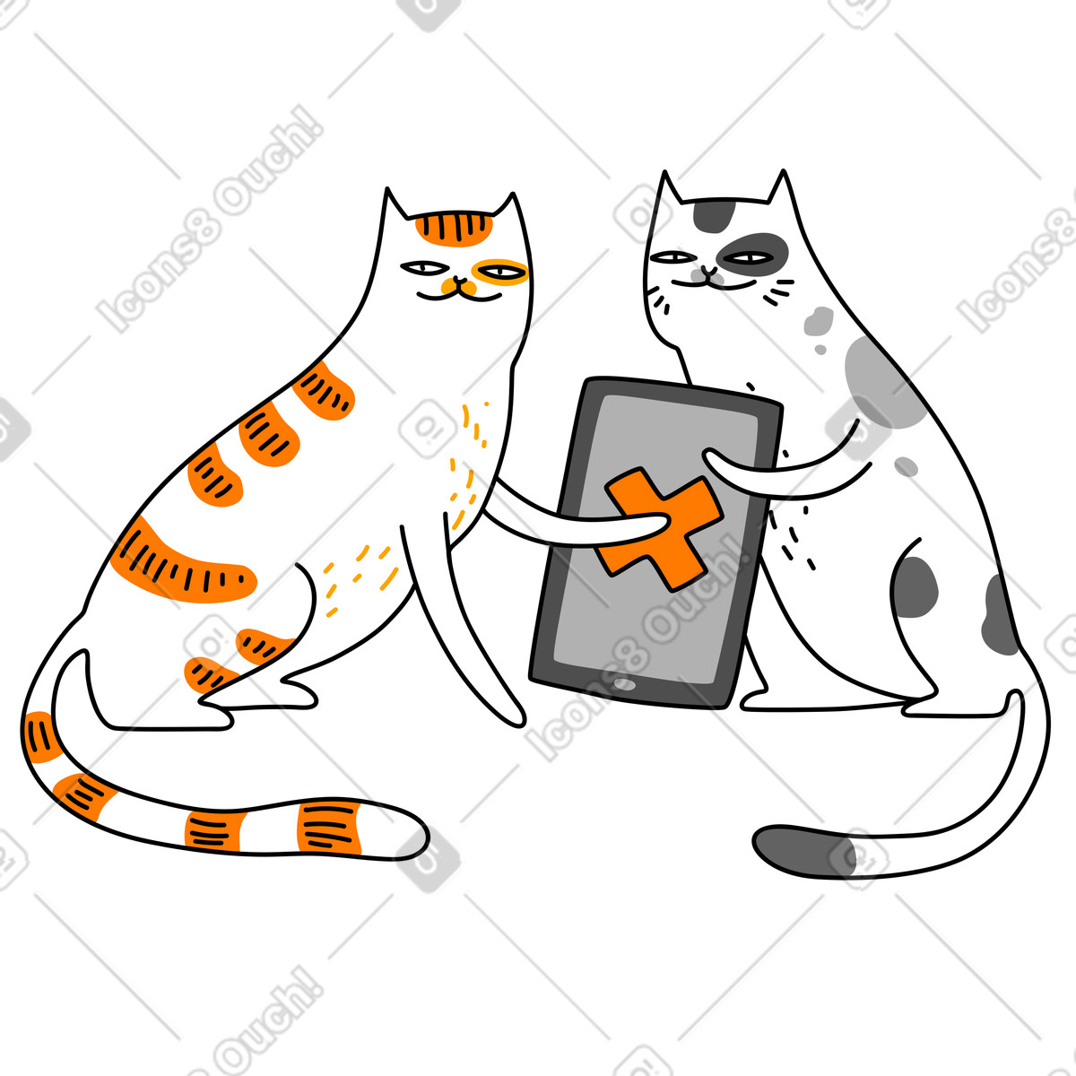 下载 Purr 风格的 Two cats tapping delete icon on tablet, Data deletion confirmation 插画，支持 PNG、SVG 格式