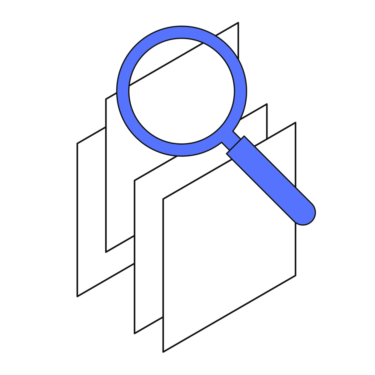 Magnifying glass inspecting multiple documents for detailed data review process illustrazione in stile Main scarica in PNG, SVG