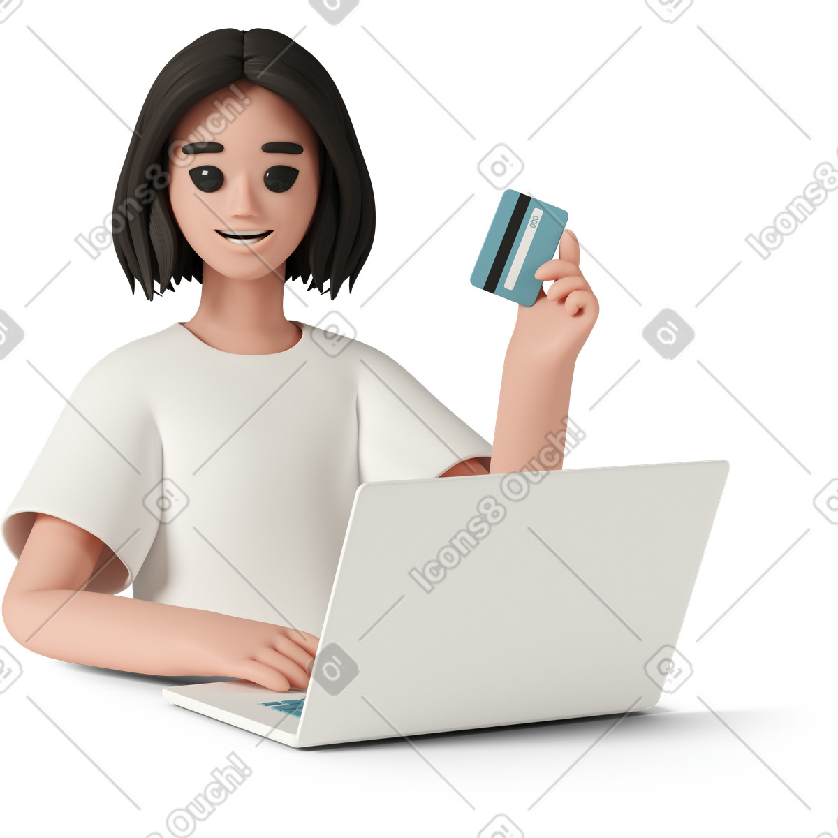 3D Casual life 스타일의 Young smiling woman with laptop and credit card 일러스트레이션 PNG, SVG 다운로드
