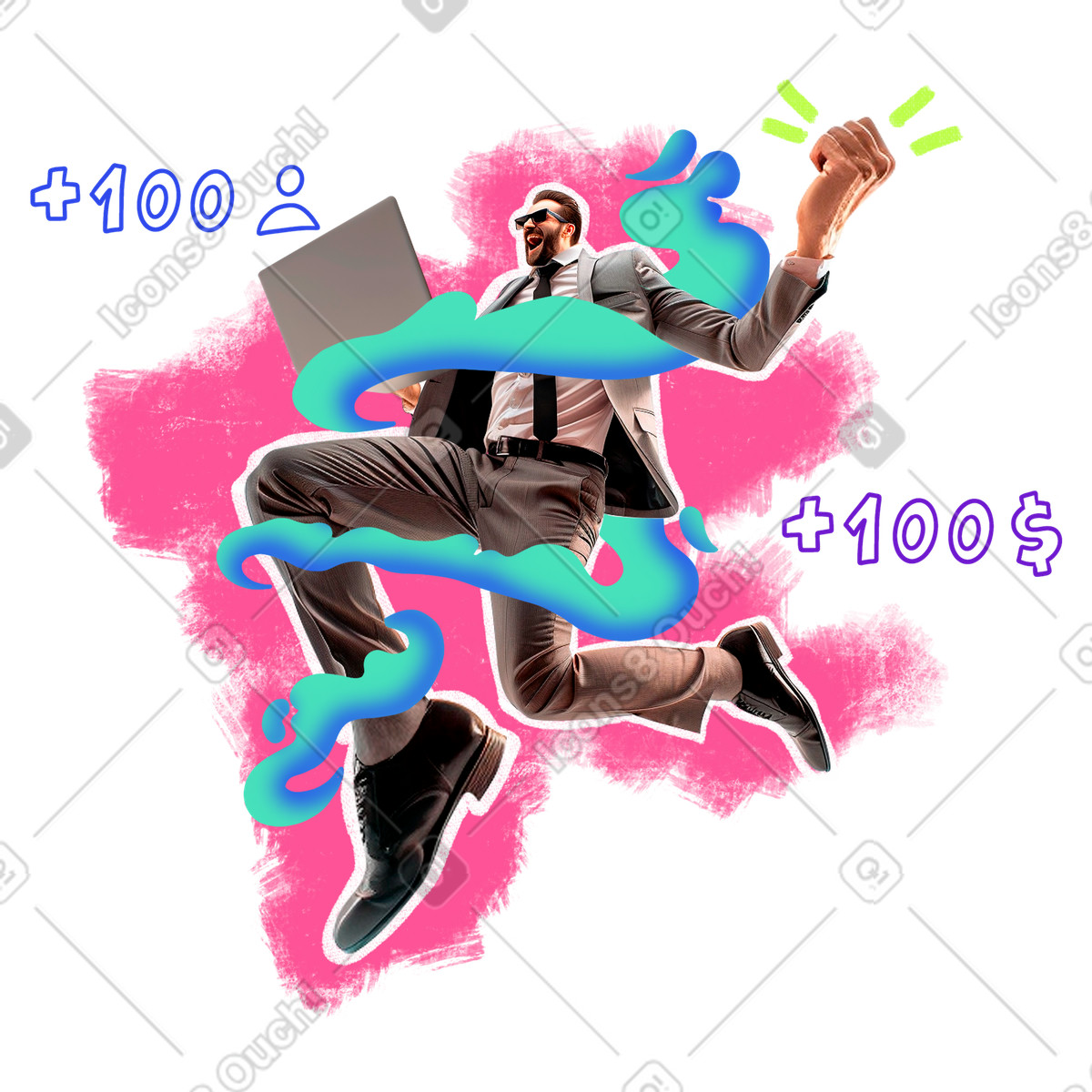 Ilustración A happy business man getting money and followers en estilo Energy descargar en PNG y SVG