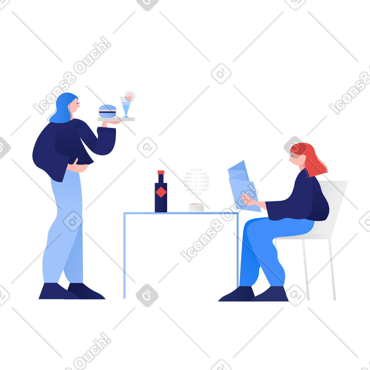 Cameriera che serve il pasto al cliente ristorante illustrazione in stile Clip scarica in PNG, SVG