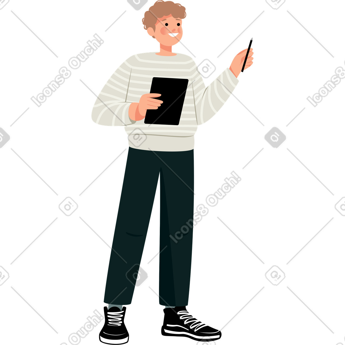 Lagom 스타일의 손에 태블릿과 펜을 들고 서 있는 남자 일러스트레이션 PNG, SVG 다운로드