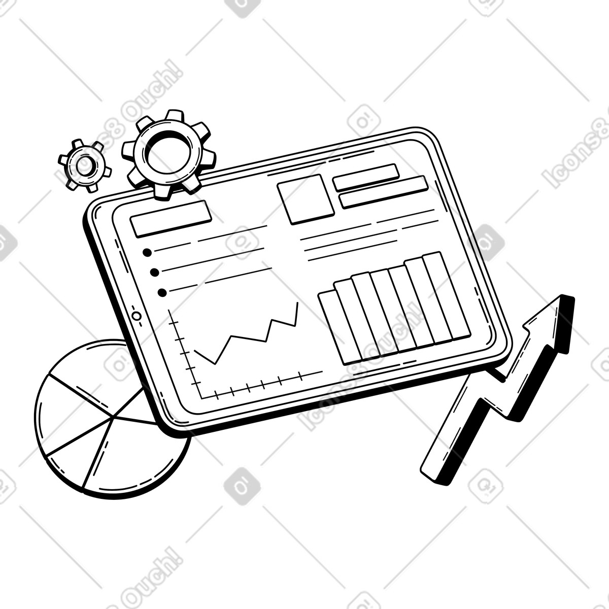 Tablet with business statistics, financial reporting and KPI review animated illustration in 3D Techny Line style download in GIF, Lottie (JSON), AE