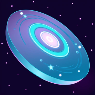 A large, smooth reflective surface floating in the vastness of space. It has a polished, glass-like finish that captures and mirrors the stunning image of a spiral galaxy in vibrant colors. The galaxy displays a swirling pattern of blue, purple, and white, with bright stars scattered throughout. The reflective surface curves slightly, enhancing the illusion of depth and movement within the galaxy's spirals. Surrounding the surface, dark space is filled with distant stars twinkling faintly, adding contrast to the scene.