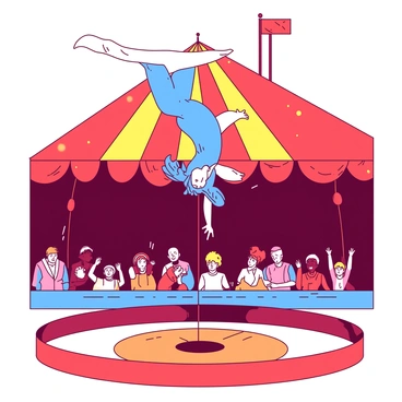 An acrobat with a blue costume is performing a mid-flip above the ground during a circus performance. The acrobat's hair flows elegantly up and around as they twist in the air. Below, a red ring surrounds the performance area, and the tent's fabric is a vibrant mix of red and yellow, casting bright light onto the scene. Spectators can be seen in the background, their faces filled with excitement, watching the daring feat. The atmosphere is lively with colorful decorations and lights illuminating the tent.