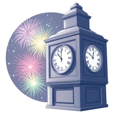 A large clock tower with detailed Roman numerals and ornate hands prominently displays "12:00." The clock's face is illuminated as it strikes midnight. In the background, several colorful fireworks explode in the night sky, bursting in various shapes and patterns. The scene is filled with an atmosphere of excitement and celebration, as the bright light of the fireworks contrasts against the darkness of the night.
