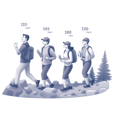 A group of four friends hiking on a rocky trail. The first friend, wearing a backpack, has their heart rate displayed above their head as "135 bpm". The second friend, with a baseball cap and sunglasses, shows a heart rate of "145 bpm". The third friend, carrying a water bottle, has a heart rate reading of "150 bpm" above them. The fourth friend, wearing a light jacket, displays a heart rate of "140 bpm". They are surrounded by trees and rocks, with visible hiking gear and expressions of determination on their faces.