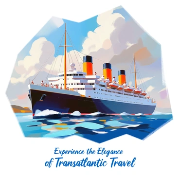 A 1920s travel poster featuring a luxurious ocean liner sailing through clear blue waters. The ocean liner is grand, with multiple decks adorned with elegant details, large smokestacks, and bright white and navy colors. On the upper deck, stylish passengers dressed in period attire enjoy the sun, some lounging in deck chairs while others stroll along the railings. The background showcases a vibrant sky with fluffy white clouds and the distant silhouette of a coastline, suggesting an exotic destination. At the bottom of the poster, the text "Experience the Elegance of Transatlantic Travel" is displayed in bold, art deco-inspired lettering.
