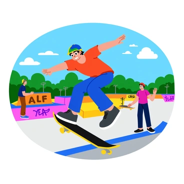 A character resembling "ALF" is skillfully skateboarding in an urban skate park. The skate park features various ramps and rails, bustling with energy. The sky is clear and bright, emphasizing the vibrant colors of the park. "ALF" is mid-air performing a trick, with a confident expression on his face. He is wearing a colorful helmet and knee pads for safety. Surrounding him, there are other skateboarders watching and enjoying the scene, with graffiti art decorating the walls of the skate park.