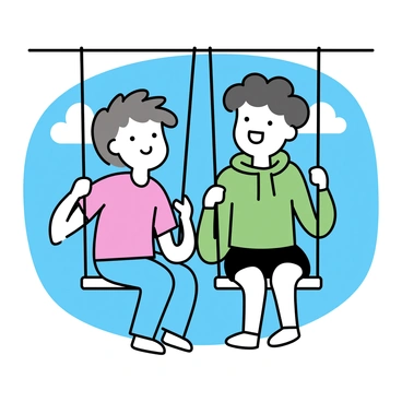 Two friends are sitting on a swing set, each perched on a swing and gently swaying back and forth. One friend, with short brown hair, is wearing a red t-shirt and blue jeans, while the other friend, with curly black hair, is dressed in a green hoodie and black shorts. Both are smiling broadly, their laughter evident as they lean towards each other, sharing a joyful moment together. The swing set is set against a clear blue sky, with a few fluffy white clouds in the background.