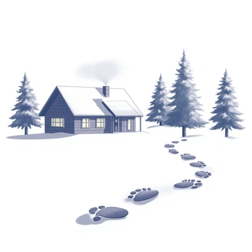 Footprints in the snow create a winding path leading towards a rustic cabin nestled in a village setting. The cabin features a sloped roof, with smoke lazily rising from the chimney, indicating a warm fire inside. Surrounding the cabin are a few tall evergreen trees, their branches weighed down with freshly fallen snow. The scene captures a tranquil winter atmosphere, with the footprints starkly contrasting against the white snow leading the viewer's eye toward the inviting cabin.