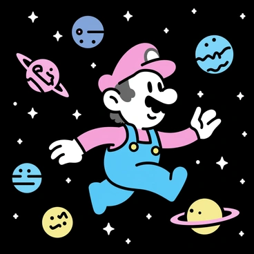 A character resembling "Mario" is floating in space. He is surrounded by small, colorful planets of various sizes, each with distinct features like rings or craters. The backdrop is filled with numerous stars, twinkling against the dark expanse of the galaxy. Mario is depicted with his iconic red hat and blue overalls, with a cheerful expression on his face as he gracefully moves between the planets.