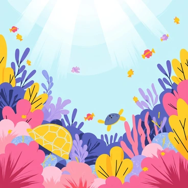 A vibrant coral reef filled with an array of colorful corals in shades of pink, purple, and yellow. Numerous small, tropical fish with bright patterns swim playfully among the corals. A graceful sea turtle glides through the water, its shell adorned with intricate patterns. Sunlight filters down from the surface, casting gentle rays that illuminate the lively underwater scene. Various types of sea plants sway gently with the currents, adding to the dynamic atmosphere of the bustling reef.
