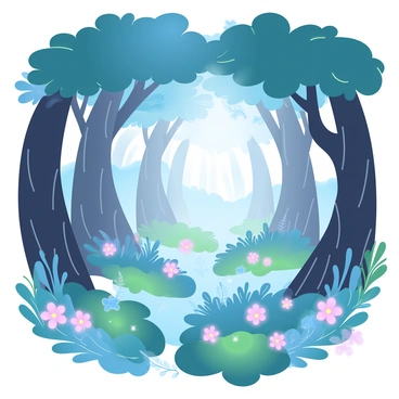 A lush forest filled with a variety of trees, their trunks thick and sturdy. The foliage is dense, creating a canopy that filters the soft twilight light. Scattered throughout the forest floor are numerous flowers in different colors, each emitting a gentle glow that illuminates the surroundings. The ground is covered in vibrant green moss, and delicate ferns add texture to the scene. A few small creatures can be seen among the plants, gliding through the glowing flowers, contributing to the enchanting atmosphere. The overall scene captures a magical moment in the heart of a fantastical forest.