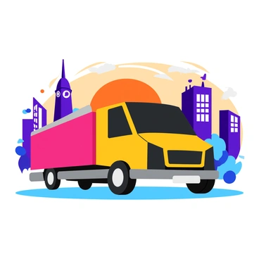 A transport truck logo featuring a streamlined truck silhouette with bold lettering, prominently displayed in the center. The logo is placed against a detailed city skyline backdrop, showcasing tall buildings with various architectural designs, including skyscrapers and rounded rooftops. The skyline is characterized by a mix of colors, highlighting the windows and structures. A sunset sky adds a gradient of orange and purple hues around the cityscape, creating a vibrant atmosphere.