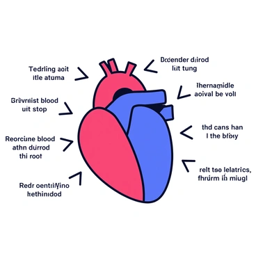 A labeled diagram of a human heart with two distinct sides: the left side colored in red and the right side colored in blue. The heart is shown in a simple front view, clearly displaying the atria and ventricles. Surrounding the heart are several arrows, each labeled with directions indicating the flow of blood: one set of arrows shows oxygenated blood flowing from the lungs to the left atrium, moving down to the left ventricle. Another set of arrows illustrates the flow of the oxygenated blood from the left ventricle to the body. A third set of arrows indicates deoxygenated blood returning to the right atrium from the body, then moving to the right ventricle, and finally flowing to the lungs. Each arrow is accompanied by corresponding text labels for clarity.