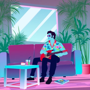 Inside the Jungle Room at Graceland, a vibrant scene unfolds. The room is adorned with lush green foliage and exotic plants, creating a tropical atmosphere. "Elvis" is sitting relaxed on a plush, vintage couch, wearing a colorful Hawaiian shirt and dark pants. His iconic hairstyle is perfectly styled, and he has sunglasses perched on his nose. The walls are decorated with wooden paneling, and the floor features a patterned carpet that complements the jungle theme. A guitar rests beside him on the couch, and a small table in front holds a colorful drink and a few scattered magazines. Soft light filters through the room, enhancing the lively ambiance.