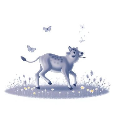 A vast meadow stretches out under a clear sky, dotted with wildflowers. In the foreground, a two-headed calf is frolicking playfully among the vibrant blossoms. The calf has a smooth coat with distinctive markings, and its two heads are animatedly looking around. Surrounding the calf, several butterflies flutter gracefully, their wings delicately open as they dance through the air. The scene is lively, capturing the joyful interaction between the calf and the butterflies.