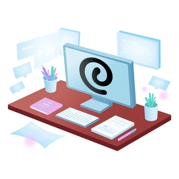A creative workspace with a wooden desk holding a sleek computer that displays a large "©" copyright symbol on the screen. Scattered around the desk are several documents featuring various graphs and text. A colorful notebook is open next to the computer, accompanied by a set of vibrant pens. A small potted plant adds a touch of greenery to the environment. The walls are adorned with framed art and motivational quotes.