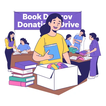 A person wearing a yellow shirt stands beside a white donation box filled with books at a library donation drive. The box is placed on a wooden table, and several colorful books are stacked around it. The person has a warm smile and is holding a blue hardcover book in their hands, preparing to place it into the box. Behind them, a banner reads "Book Donation Drive" in large white letters, and a few other people can be seen browsing through books on nearby tables.