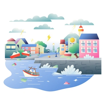 A small coastal town is depicted with waterlogged streets. Waves are crashing over a gray stone sea wall, sending sprays of water into the air. The buildings lining the shore are painted in pastel colors, with some windows partially submerged by the rising water. A few distressed boats are bobbing in the flooded streets, and there are patches of green grass peeking through the water. The sky above is filled with dark clouds, suggesting an impending storm, while scattered debris floats on the surface of the water. A lighthouse stands in the distance, partially illuminated by flashes of lightning.