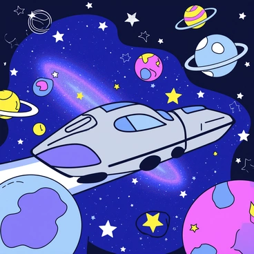 A sleek interstellar train with a streamlined design and metallic surface. The train is gliding smoothly through a vibrant galaxy filled with a myriad of colorful stars and swirling galaxies. Various planets of different sizes and colors are scattered throughout the scene. The background shows a deep space filled with twinkling stars and glowing celestial bodies.
