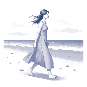 A woman wearing a light blue A-line dress is walking along a sandy beach. The skirt of her dress flows gracefully around her legs as she moves. Her hair is being gently blown by the wind, creating a sense of movement. The waves are lapping at the shore in the background, and there are a few scattered seashells along the sand. The sky above is clear, with a few wispy clouds visible. She is looking ahead with a relaxed expression, enjoying the tranquility of the seaside.