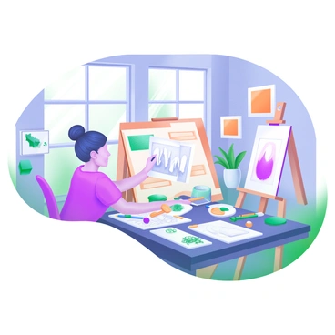 An art instructor is sitting at a large table covered with various art supplies, such as paintbrushes, sketchbooks, and colored pencils. The instructor is looking intently at a student's illustration portfolio, which is open and displaying a series of colorful drawings. Surrounding them, the studio features bright, natural light streaming through large windows, illuminating the walls adorned with various art pieces and framed illustrations. In the background, there are easels set up with canvases and a potted plant adding a touch of greenery to the space. The atmosphere is focused and creative, emphasizing the interaction between the instructor and the portfolio.