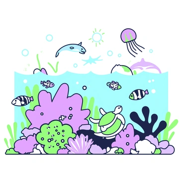 A vibrant underwater scene showcasing diverse marine life interacting in a harmonious manner. In the foreground, a school of small fish swim around a large coral reef, which features an array of textures and shapes. A sea turtle glides gracefully nearby, while a pair of clownfish dart in and out of an anemone. Above them, a colorful jellyfish floats gently in the water column. In the background, a pod of dolphins can be seen leaping playfully through the waves, and a sea star rests on a smooth rock at the ocean floor. Sunlight filters down from the surface, casting gentle rays that illuminate the underwater world.