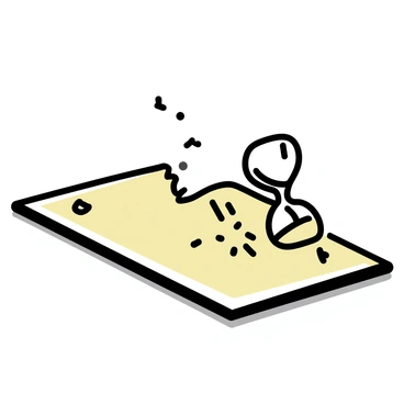 A "broken hourglass" with shards of glass scattered around it is lying on a "wooden desk." The hourglass is "spilling sand," which is flowing out in a fine stream, creating a small pile of sand on the desk surface. The desk has a smooth, polished finish, showing the natural grain of the wood. Soft shadows are cast by the hourglass and the spilled sand, adding depth to the scene.