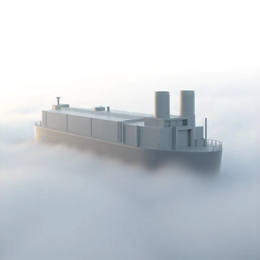 A tank barge with a hull painted in muted gray tones, gliding silently through thick morning fog. Its structure is robust, with large cylindrical tanks rising from the deck. The fog envelops the barge, creating an ethereal atmosphere, with only the faint outline of the vessel visible. Ghostly tendrils of mist swirl around the barge, obscuring parts of the water's surface. The tranquil scene is accentuated by the soft light filtering through the fog, casting a diffused glow over the entire image.