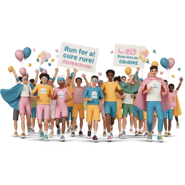 A group of enthusiastic participants in a colorful charity run, each wearing bright and themed outfits. Some are dressed as superheroes, featuring capes and masks, while others are in vibrant animal costumes like lions and butterflies. They are holding large banners with encouraging phrases like "Run for a Cause!" and "Together We Can Make a Difference!" The atmosphere is lively, with smiles on their faces as they run. The background is filled with cheering supporters, colorful decorations, and balloons floating in the air.