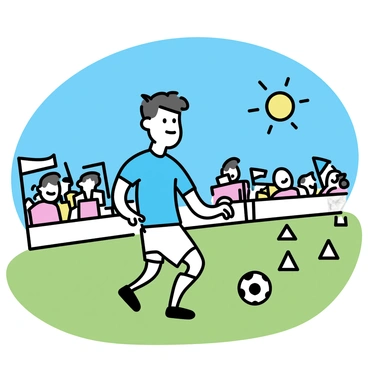 A male soccer player, resembling Cristiano Ronaldo, is practicing dribbling on a training field. He has short black hair and is wearing a blue jersey with white shorts. The sun is shining brightly in a clear blue sky. In the background, a crowd of fans is cheering, with some holding banners and flags. The grass of the training field is lush and green, and a few soccer cones are laid out for practice.