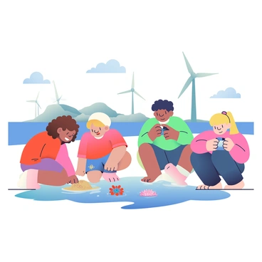A group of four children is gathered around a tide pool, looking curiously at the various marine life within. One child, with curly brown hair, is kneeling at the edge, peering into the water at a small starfish. Another child, wearing a red shirt and a white hat, is excitedly pointing at a colorful sea anemone. A third child, with short black hair, is crouched down, scooping up a handful of wet sand to examine it. The last child, with long blonde hair tied in a ponytail, is taking photos with a small camera. In the background, there is a tidal energy project with large turbines standing tall and a rocky coastline extending into the distance. The sky is clear and bright, punctuated by a few fluffy clouds.